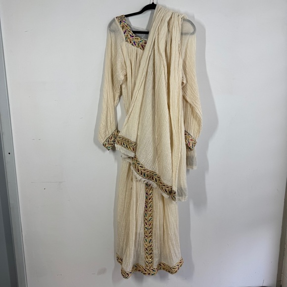 Vintage Ethiopian Cream Boho Maxi Dress Beaded Sequin Embroidered Ethnic - Picture 5 of 15